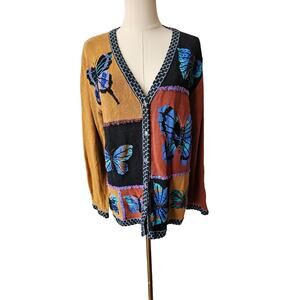 Vintage JTWO New York Blue Butterfly Button Front Cardigan Sweater Large